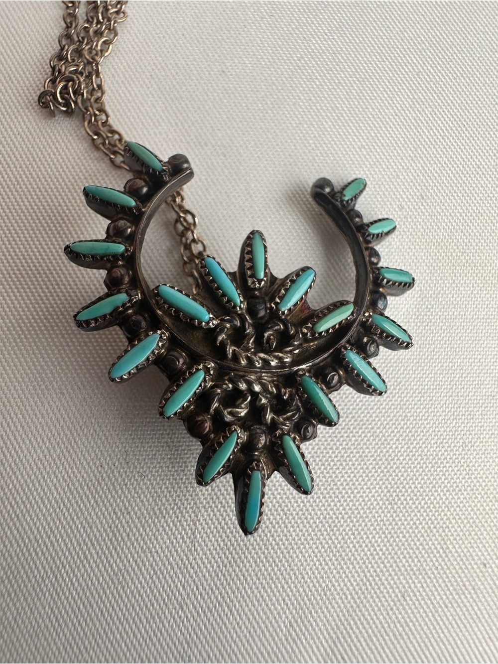Vintage Zuni Sterling Silver Turquoise Needlepoint Squash Blossom Brooch Pendant